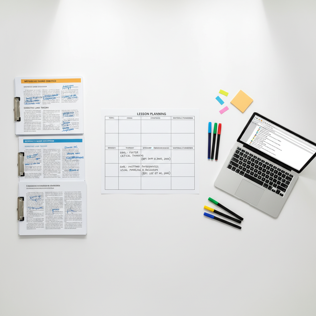 An overhead, photographic shot of a large white table arranged for a structured lesson-planning session based on scientific research. On the left side, printed academic articles in Portuguese and English are neatly clipped together with annotations in the margins. In the center, a blank weekly planning template is partially filled with handwritten learning goals, strategies, and references to specific studies. On the right, colored markers, sticky flags, and a slim laptop with an open digital citation manager create a sense of organization. Soft, diffused daylight from above produces even illumination with gentle shadows at the edges of objects. The composition is balanced and symmetric, with sharp focus across the entire image, conveying a disciplined, methodical, and professional atmosphere focused on thoughtful application of research to teaching practice.