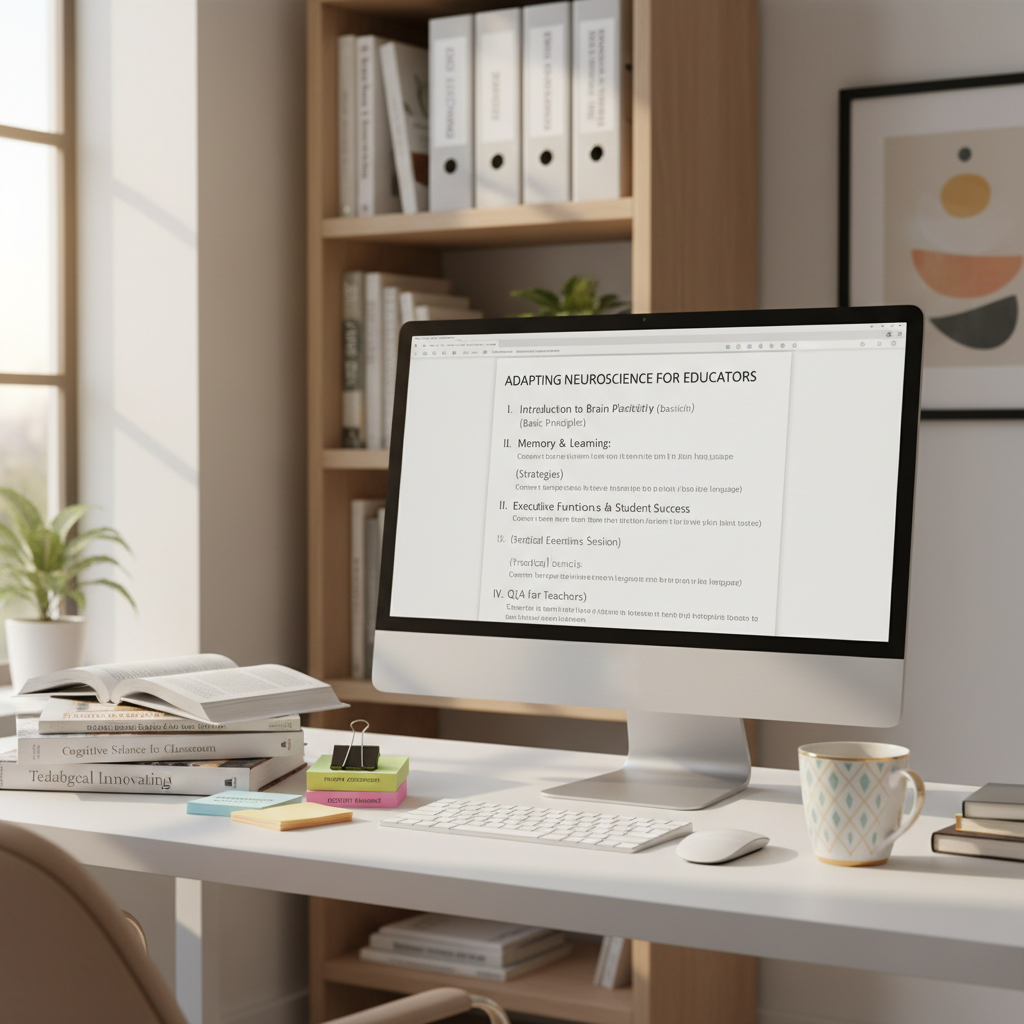 A bright, contemporary home office workspace with a large, matte-finish monitor showing a structured outline of a scientific article being adapted into accessible language for educators. The white desk holds reference books on pedagogy, color-coded index cards labeled with research themes, and a ceramic mug featuring subtle geometric patterns. Behind, a minimalist bookshelf contains education theory books and binders labeled with years of projects. Warm, natural afternoon light streams through a side window, adding gentle highlights to the monitor’s edge and casting soft shadows across the desk. Photographic realism with a slightly elevated camera angle captures the entire setup in crisp detail, while the background is lightly blurred to emphasize focus, productivity, and a professional, organized approach to translating academic research into practical knowledge for teacher development.