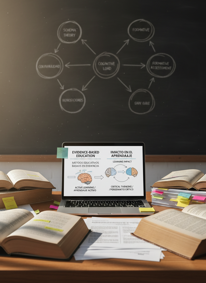 A neatly organized wooden teacher’s desk serving as the central subject, covered with open academic books, printed research articles with highlighted passages, colorful sticky notes, and a sleek laptop displaying a clear, bilingual scientific infographic about education. The desk stands in front of a large, slightly out-of-focus chalkboard filled with tidy pedagogical diagrams and arrows connecting key concepts. Soft morning sunlight enters from an unseen window to the left, casting gentle, realistic shadows and subtle reflections on the laptop screen. Photographic realism with a clean, modern academic aesthetic, shot at eye level with a shallow depth of field, creates a calm, professional atmosphere that emphasizes clarity, rigor, and accessible scientific communication for educators.