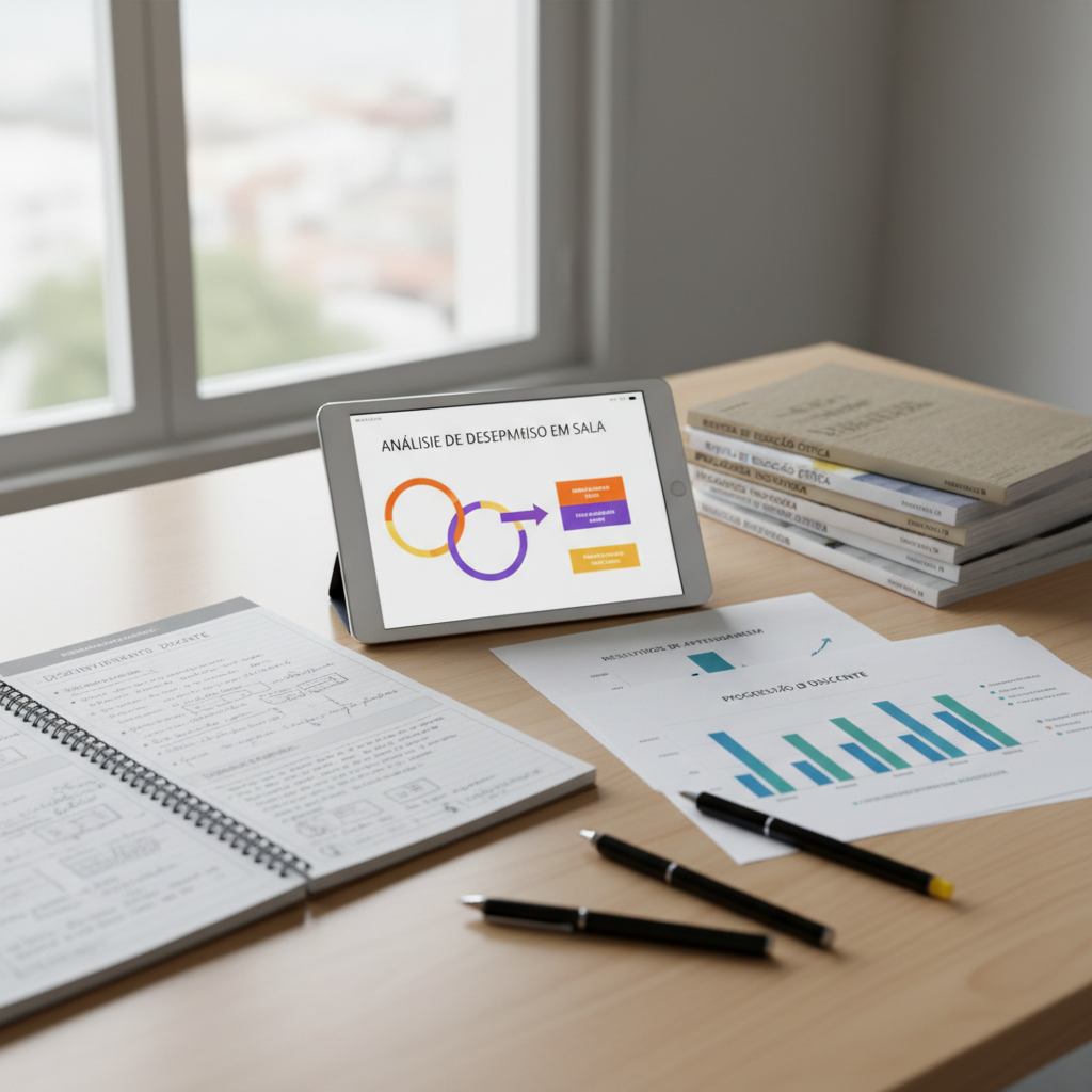 A close-up, photographic view of a polished light-wood table in a quiet study space, covered with a spiral notebook filled with handwritten notes about teacher professional development, printed bar charts and graphs from recent academic research, and neatly stacked educational journals with Portuguese titles. A tablet on the table displays a well-designed, colorful data visualization explaining classroom learning outcomes. Diffused overcast daylight from a nearby window bathes the scene in soft, even light, creating minimal shadows and a focused, contemplative mood. The composition uses the rule of thirds, with sharp focus on the tablet and leading lines from pens and papers guiding the eye. The style is clean, modern, and highly realistic, reinforcing the idea of organized, evidence-based continuing education for teachers.